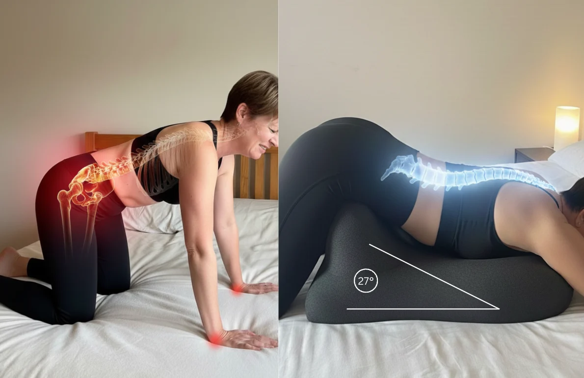 Before: strained position. After: supported at 27 degrees.